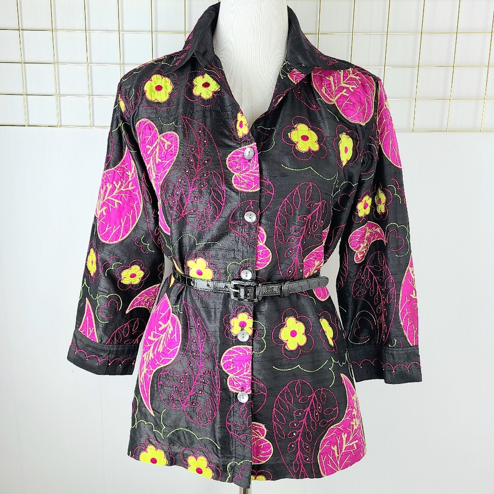 Blue Bayou Black Floral Embroidered Beaded Silk Art To Wear Boho Jacket